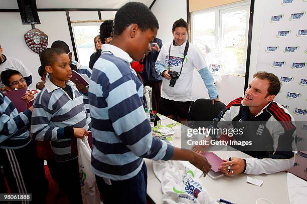 Andrew Strauss signs autographs during the NatWest CricketForce at Harrow Saint Mary's Cricket Club on March 26, 2010 in London, England. 85,000...