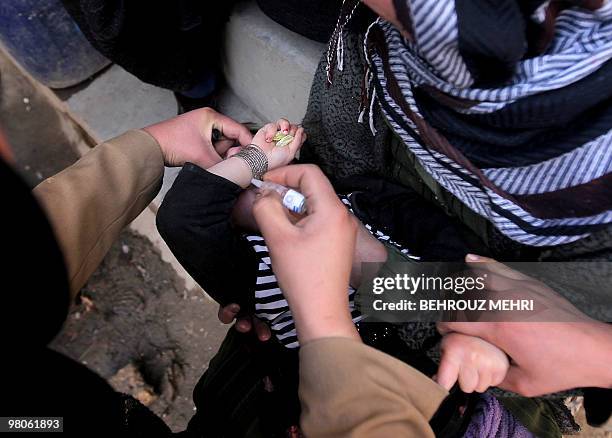 An Afghan child holding sweets in her hand shields her face from a health worker trying to administer the polio vaccine on the second day of a...