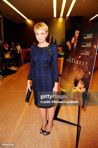 Actress Carey Mulligan arrives at "The Greatest" Los Angeles Premiere at Linwood Dunn Theater on March 25, 2010 in Hollywood, California.