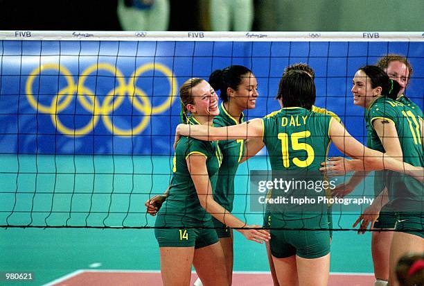 The Women's Australian Indoor Volleyball Team celebrate during there match between Croatia in the Women's Indoor Volleyball held at the Sydney...