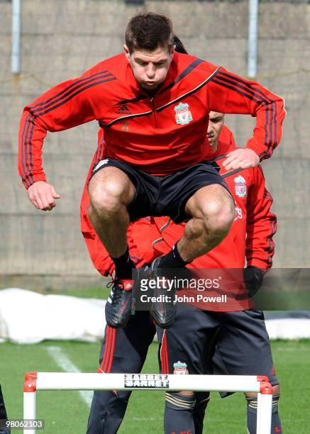 Captain of Liverpool, Steven Gerrard during a training session at Melwood training ground on March 26, 2010 in Liverpool, England.