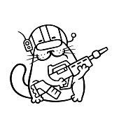 Cartoon cat space marine with large plasma gun. Vector illustration.