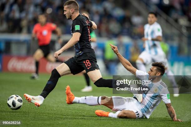 Eduardo Salvio of Argentina fights for the ball with Ante Rebic of Croatia during the 2018 FIFA World Cup Russia group D match between Argentina and...
