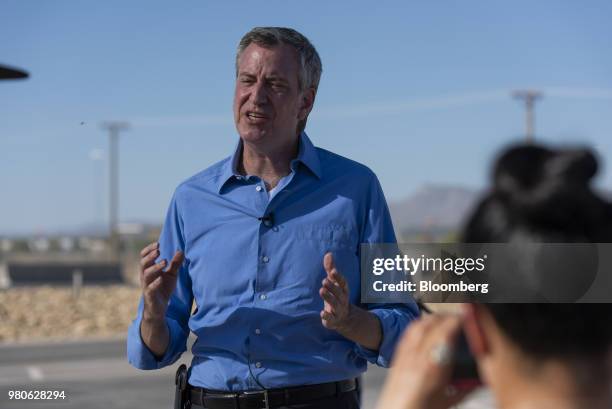 Bill de Blasio, mayor of New York, speaks during a news conference near the Tornillo Port of Entry in Tornillo, Texas, U.S., on Thursday, June 21,...