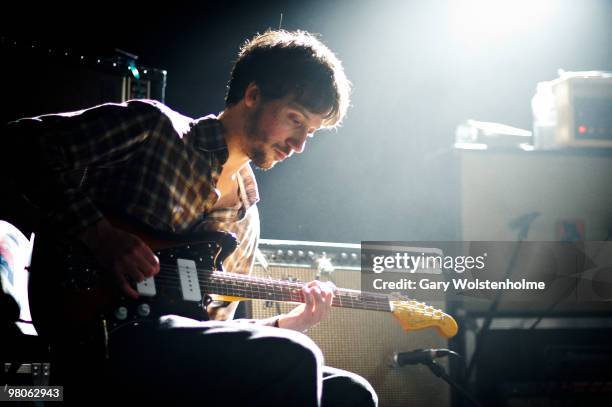 Mike Jarvis of Corleone performs on stage at the Corporation on March 25, 2010 in Sheffield, England. He plays a Fender Jazzmaster guitar with a...