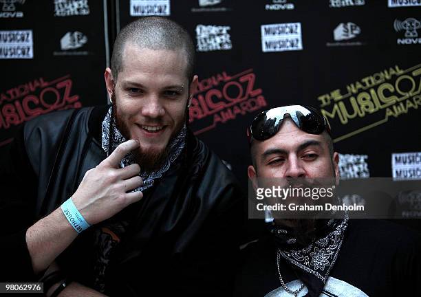 Nery [N3] and Chico Cas of Smacktown arrive at the 2010 Musicoz Awards at Sydney Town Hall on March 26, 2010 in Sydney, Australia.