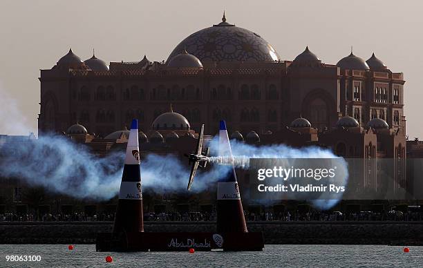 Hannes Arch of Austria in action during the Red Bull Air Race Qualifying session on March 26, 2010 in Abu Dhabi, United Arab Emirates.
