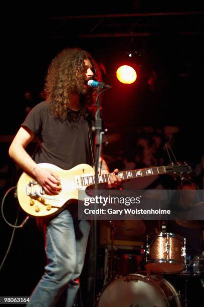 Efrim Menuck of Thee Silver Mt. Zion Memorial Orchestra performs on stage at the Corporation on March 25, 2010 in Sheffield, England. He plays a...