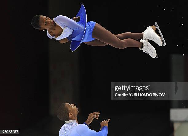 France's Vanessa James and Yannick Bonheur perform during the Pairs free skating competition of the World Figure Skating Championships on March 24,...