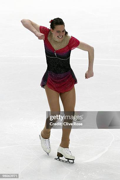 Sarah Hecken of Germany reacts after her Ladies Short Program routine during the 2010 ISU World Figure Skating Championships on March 25, 2010 at the...