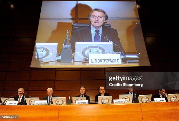 Luca Cordero di Montezemolo, chairman of Fiat SpA, speaks on a large screen at the company's annual shareholders' meeting in Turin, Italy, on Friday,...