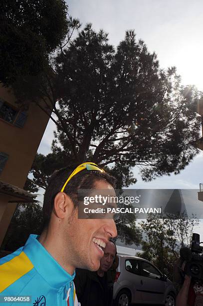 Spaniard cyclist Alberto Contador , winner of the 2009 Tour de France race, arrives for a training session on March 26, 2010 in Porto-Vecchio,...