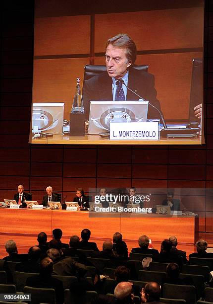 Luca Cordero di Montezemolo, chairman of Fiat SpA, speaks on a large screen at the company's annual shareholders' meeting in Turin, Italy, on Friday,...