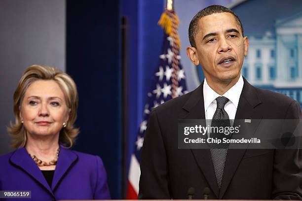 President Barack Obama delivers brief remarks about the new START Treaty during a news conference with Secretary of State Hillary Clinton at the...