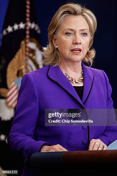 Secretary of State Hillary Clinton answers reporters' questions about the new START Treaty with Russia during a news conference at the White House...