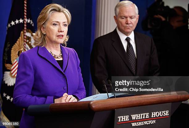 Secretary of State Hillary Clinton answers reporters' questions about the new START Treaty with Russia during a news conference with Defense...