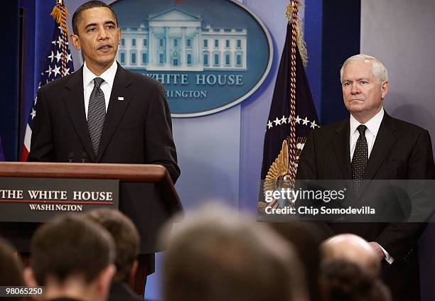President Barack Obama delivers brief remarks about the new START Treaty during a news conference with Defense Secretary Robert Gates at the White...