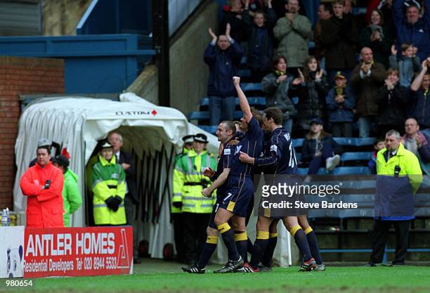 Wimbledon celebrate after Michael Hughes scores the second goal during the Wimbledon v Birmingham City Nationwide First Division match played at...