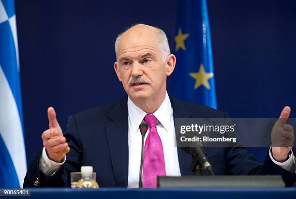 George Papandreou, Greece's prime minister, speaks at a press conference following the European Union Summit in Brussels, Belgium, on Friday, March...