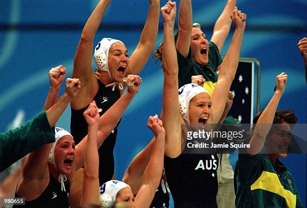The Women's Australian Water Polo team celebrate after defeating the USA in the Women's Water Polo final held at the Sydney International Aquatic...
