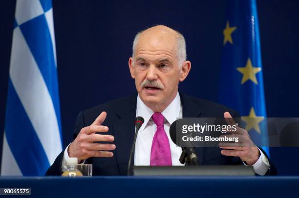 George Papandreou, Greece's prime minister, speaks at a press conference following the European Union Summit in Brussels, Belgium, on Friday, March...