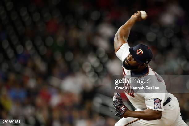 Fernando Rodney of the Minnesota Twins delivers a pitch against the Boston Red Sox during the game on June 19, 2018 at Target Field in Minneapolis,...