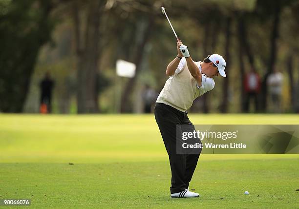 Paul Lawrie of Scotland plays his second shot into the third hole during the second round of the Open de Andalucia 2010 at Parador de Malaga Golf on...