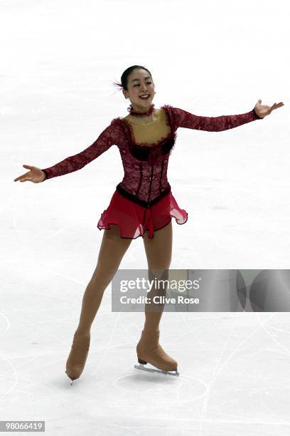 Mao Asada of Japan competes during the Ladies Short Program during the 2010 ISU World Figure Skating Championships on March 25, 2010 at the Palevela...