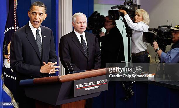 President Barack Obama delivers brief remarks about the new START Treaty during a news conference with Defense Secretary Robert Gates at the White...
