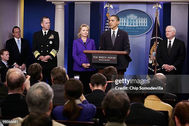 President Barack Obama delivers brief remarks about the new START Treaty during a news conference with Press Secretary Robert Gibbs, Joint Chiefs of...