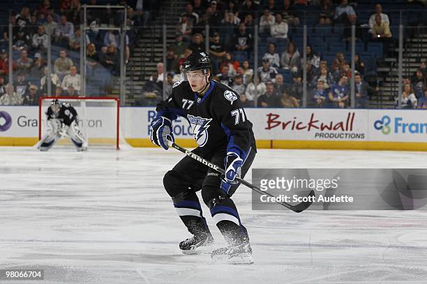 Victor Hedman of the Tampa Bay Lightning defends the zone against the Carolina Hurricanes at the St. Pete Times Forum on March 23, 2010 in Tampa,...