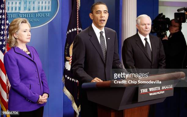 President Barack Obama delivers brief remarks about the new START Treaty during a news conference with Secretary of State Hillary Clinton and Defense...