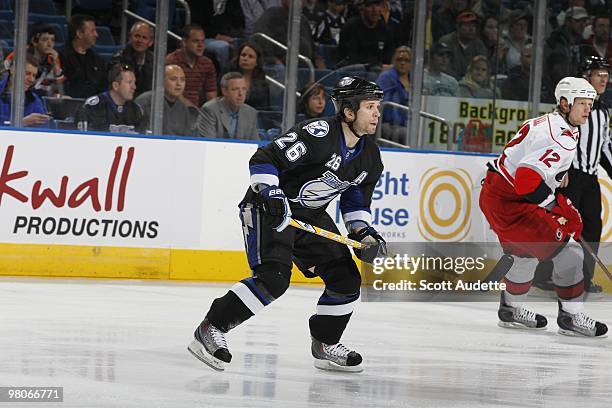 Martin St. Louis of the Tampa Bay Lightning waits for the pass while playing against the Carolina Hurricanes at the St. Pete Times Forum on March 23,...