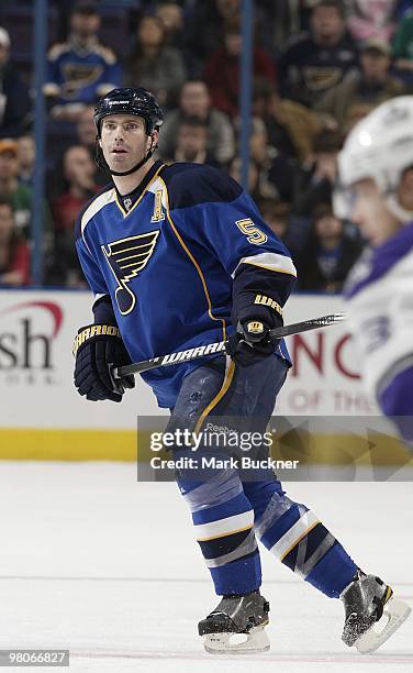 Barret Jackman of the St. Louis Blues skates against the Los Angeles Kings on March 25, 2010 at Scottrade Center in St. Louis, Missouri.