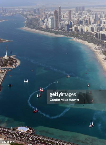 General view as Yoshihide Muroya of Japan competes during the Red Bull Air Race Qualifying session on March 26, 2010 in Abu Dhabi, United Arab...