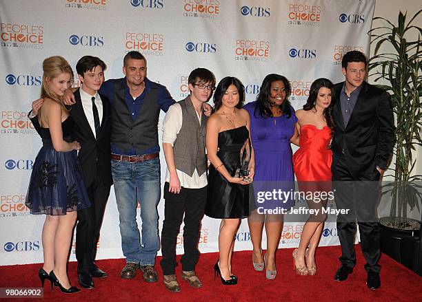 Actors Dianna Agron, Chris Colfer, Mark Salling, Kevin McHale, Jenna Ushkowitz, Amber Riley, Lea Michele and Cory Monteith pose at 2010 People's...