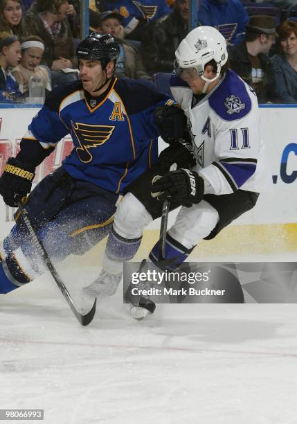 Anze Kopitar of the Los Angeles Kings defends against Barret Jackman of the St. Louis Blues on March 25, 2010 at Scottrade Center in St. Louis,...