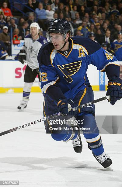 David Backes of the St. Louis Blues skates against the Los Angeles Kings on March 25, 2010 at Scottrade Center in St. Louis, Missouri.