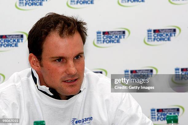 Andrew Strauss speaks at press conference during the NatWest CricketForce at Harrow Saint Mary's Cricket Club on March 26, 2010 in London, England....