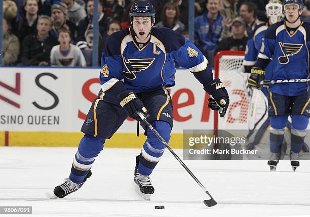 Eric Brewer of the St. Louis Blues skates against the Los Angeles Kings on March 25, 2010 at Scottrade Center in St. Louis, Missouri.