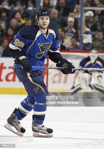 Carlo Colaiacovo of the St. Louis Blues skates against the Los Angeles Kings on March 25, 2010 at Scottrade Center in St. Louis, Missouri.