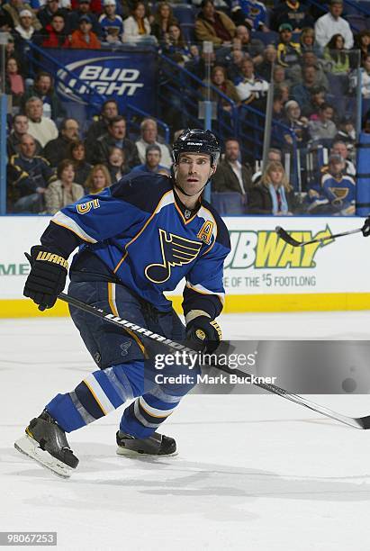 Barret Jackman of the St. Louis Blues skates against the Los Angeles Kings on March 25, 2010 at Scottrade Center in St. Louis, Missouri.