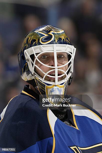 Chris Mason of the St. Louis Blues looks on during a game against the Los Angeles Kings on March 25, 2010 at Scottrade Center in St. Louis, Missouri.