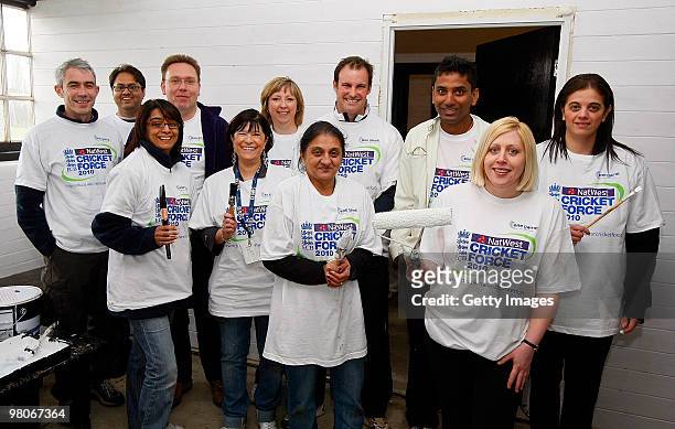Andrew Strauss together with Greg Heaton and NatWest team pose for photographs during the NatWest CricketForce at Harrow Saint Mary's Cricket Club on...