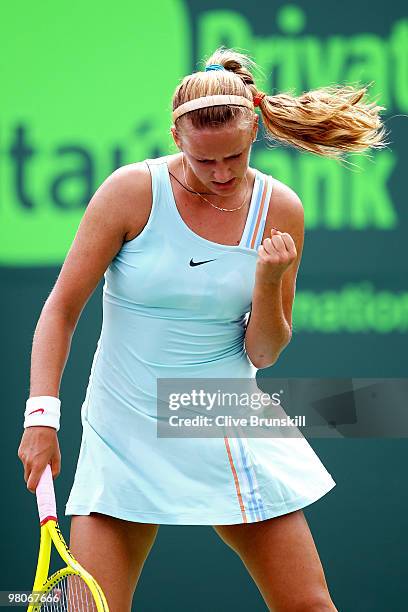 Victoria Azarenka of Belarus reacts after a point against Alexandra Dulgheru of Romania during day four of the 2010 Sony Ericsson Open at Crandon...