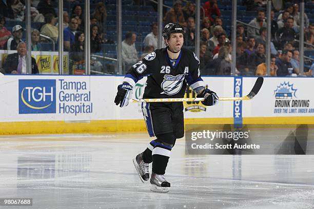 Martin St. Louis of the Tampa Bay Lightning skates against the Carolina Hurricanes at the St. Pete Times Forum on March 23, 2010 in Tampa, Florida.