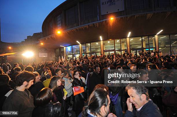 Thousands of people outside the PalaDozza support the television show "RAI per una Notte" at PalaDozza on March 25, 2010 in Bologna, Italy.