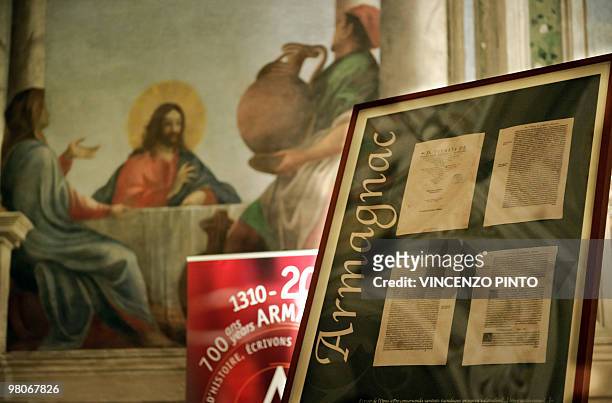Picture taken on March 24, 2010 shows a copy of the 1531's Armagnac product original document, a gift from the Vatican to the president of Armagnac...