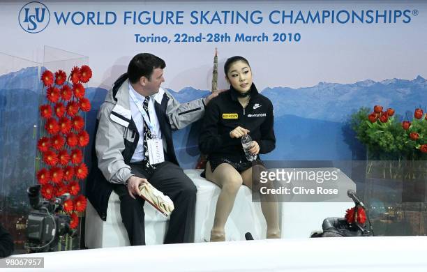 Yu-Na Kim of Korea looks on after her Ladies Short Program during the 2010 ISU World Figure Skating Championships on March 26, 2010 at the Palevela...