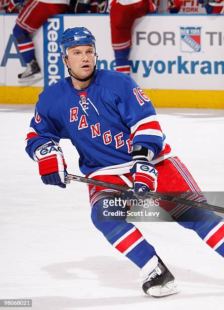 Sean Avery of the New York Rangers looks for the puck while skating in the second period against the New York Islanders on March 24, 2010 at Madison...